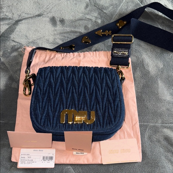 Miu Miu logo Maltalese Denim Blue Quilted Crossbody Bag gold hardware dust bag - Picture 1 of 15